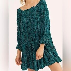 Free People Size Small See Ya Later Green Black Floral Dress Smocked Ruffle Boho